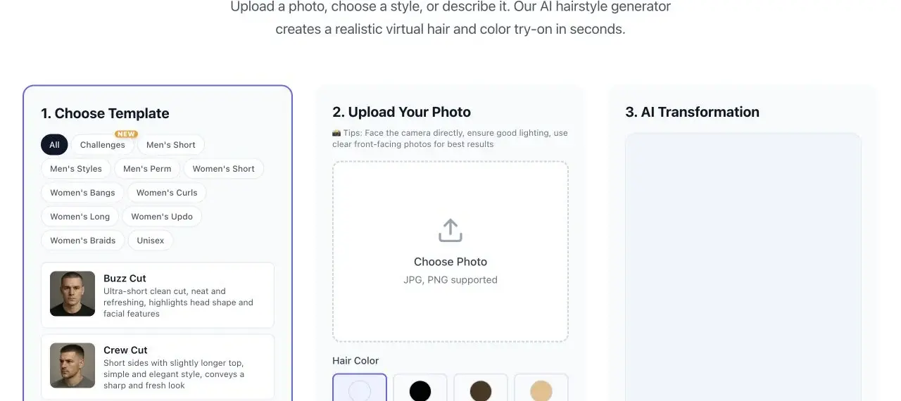 HairTry hairstyle studio with template categories, photo upload, hair color choices, and transformation panel