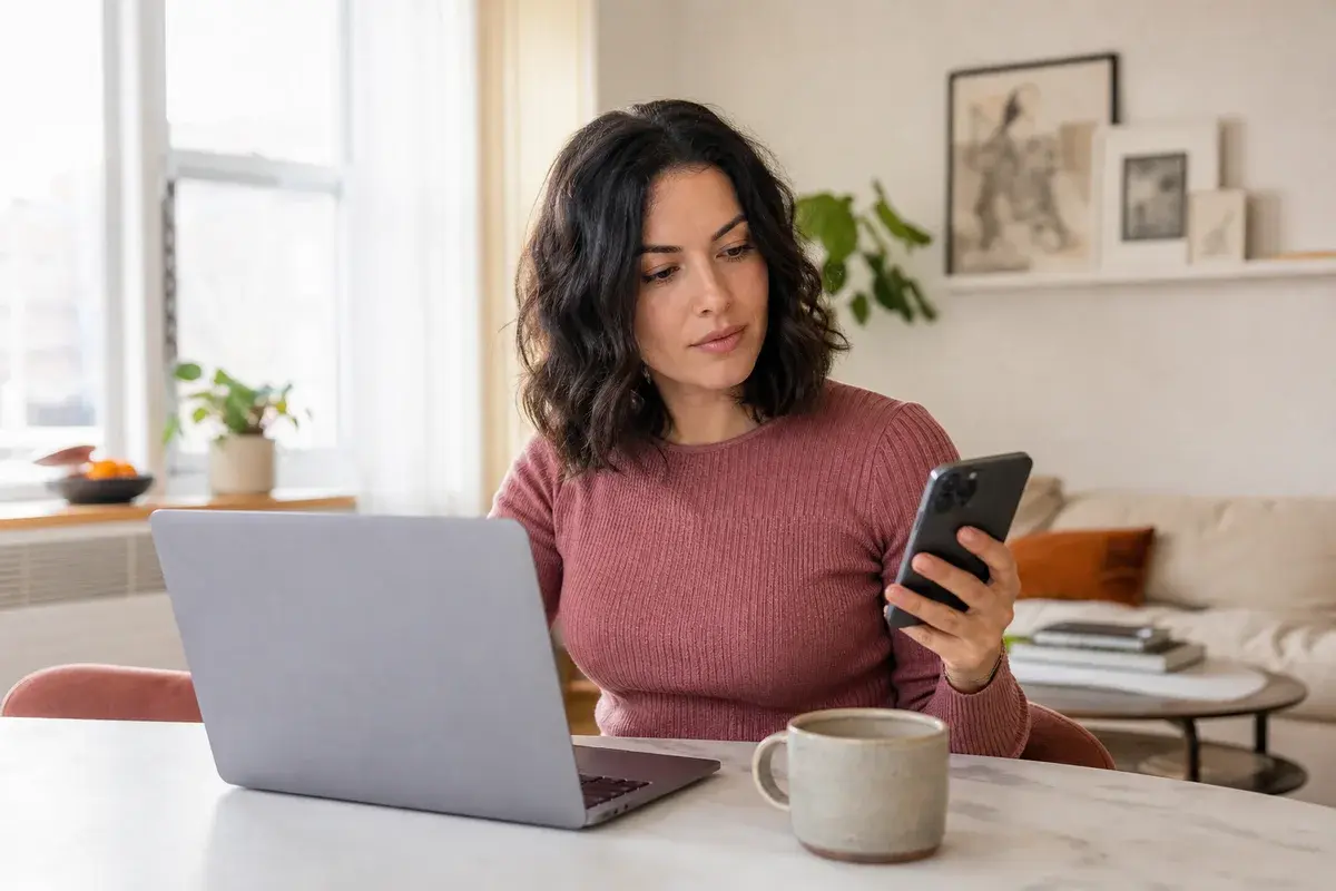 Woman at home comparing hairstyle ideas on a laptop and smartphone