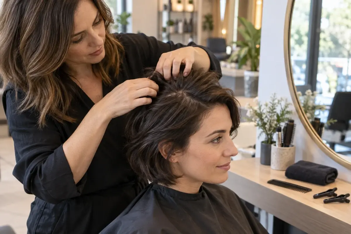 Hairstylist gently sectioning a seated woman’s dark hair to inspect the visible crown whorl in a salon