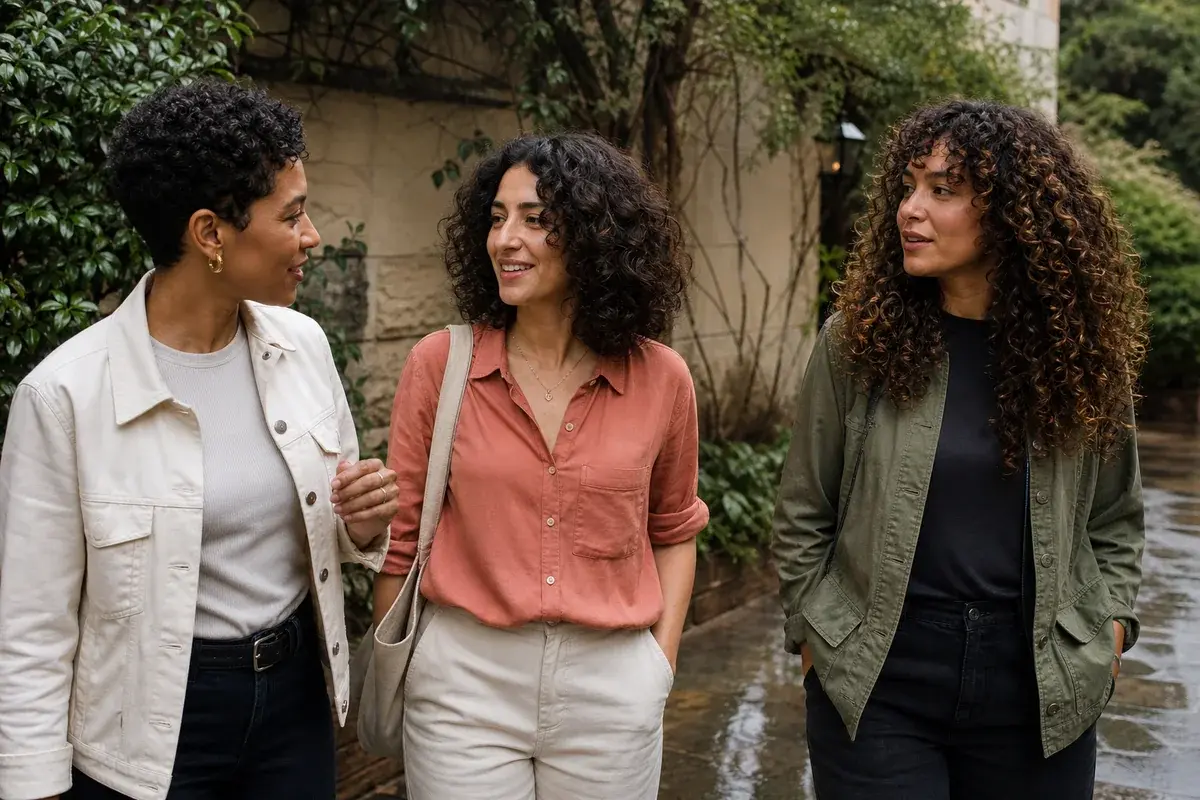 Three women with different natural curl patterns talking outdoors in soft daylight