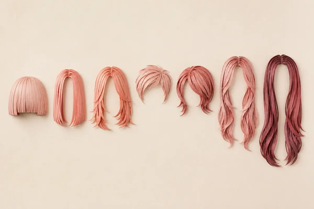 Editorial textile composition of fine ribbons and seven clean haircut silhouettes