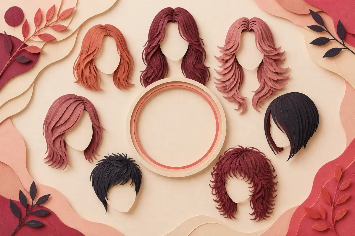 Paper-cut hairstyle silhouettes arranged around a circular portrait frame