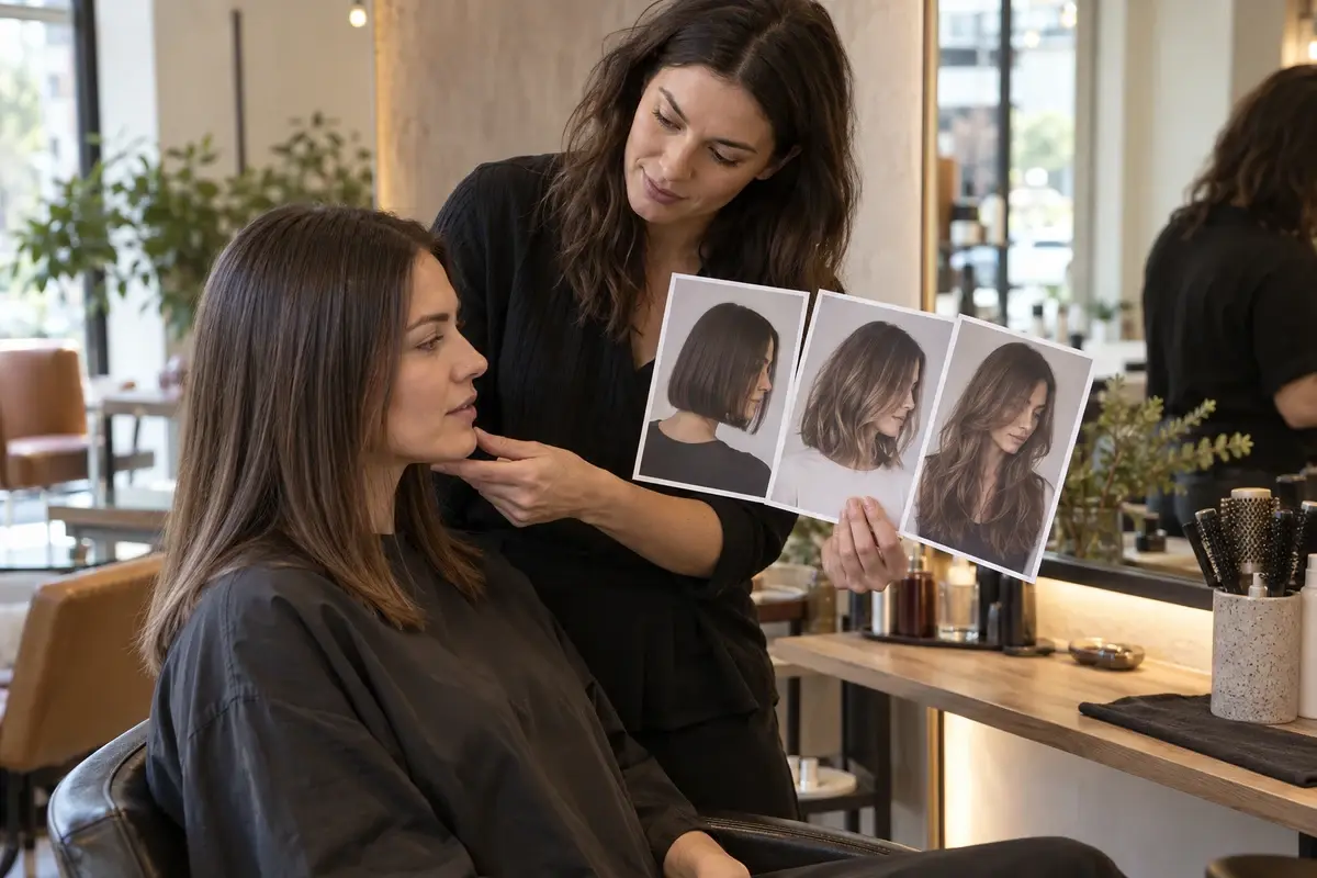 Woman with straight brown hair comparing bob, lob, and long-layer reference photos with a hairstylist