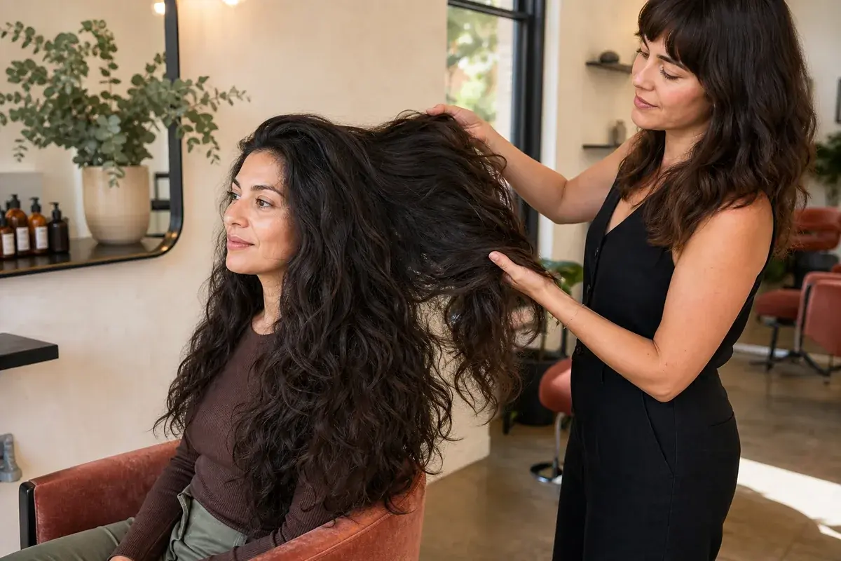 Woman with visibly dense wavy hair consulting with a female hairstylist in a naturally lit salon