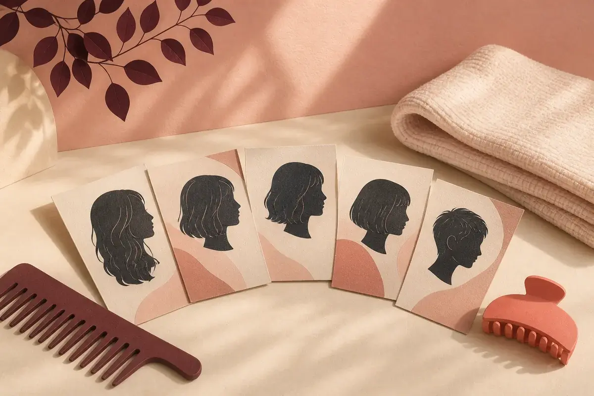 Calm editorial vanity scene with a comb, hair clip, air-dry towel, and varied haircut silhouettes
