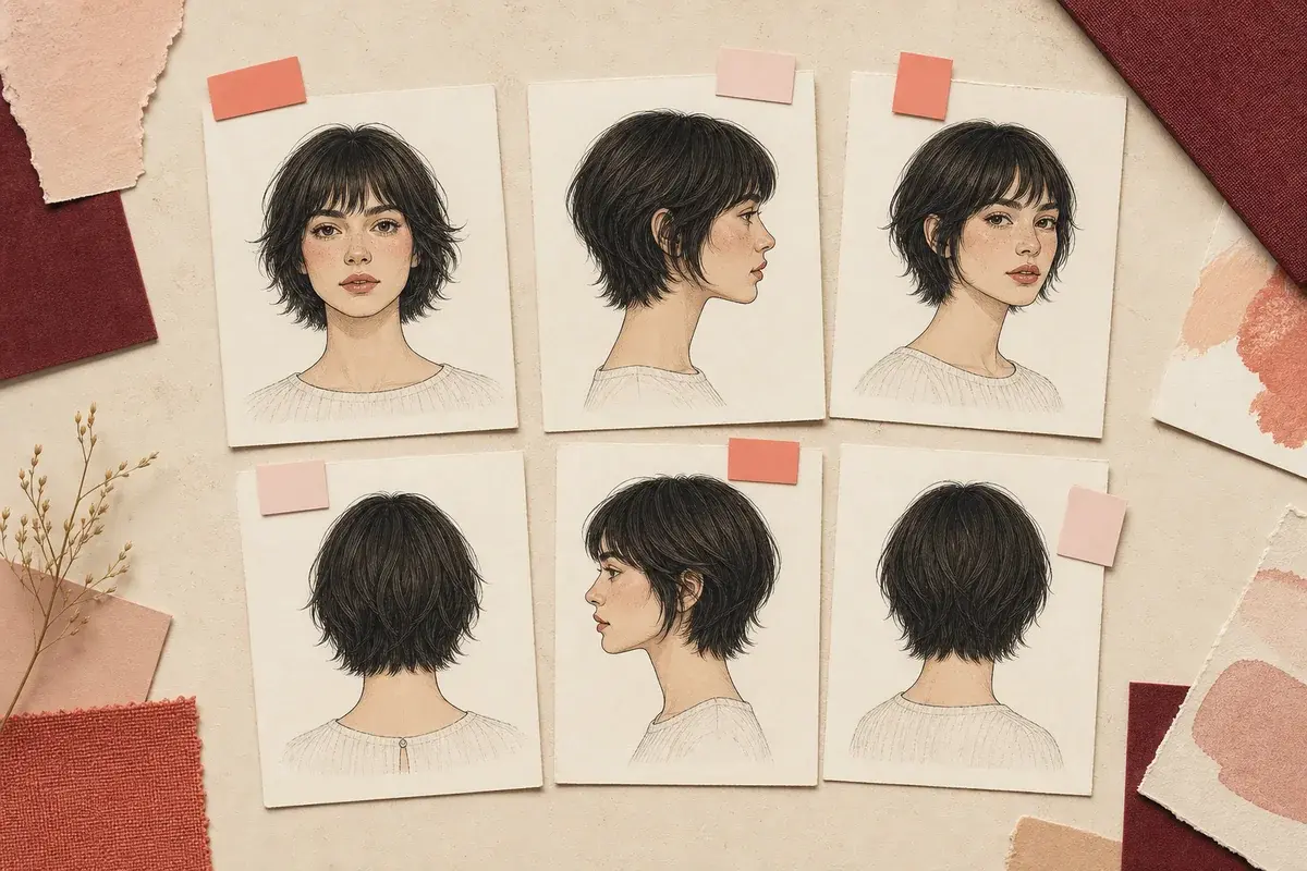 Editorial contact sheet of front, side, and back hairstyle references with blank annotation tabs