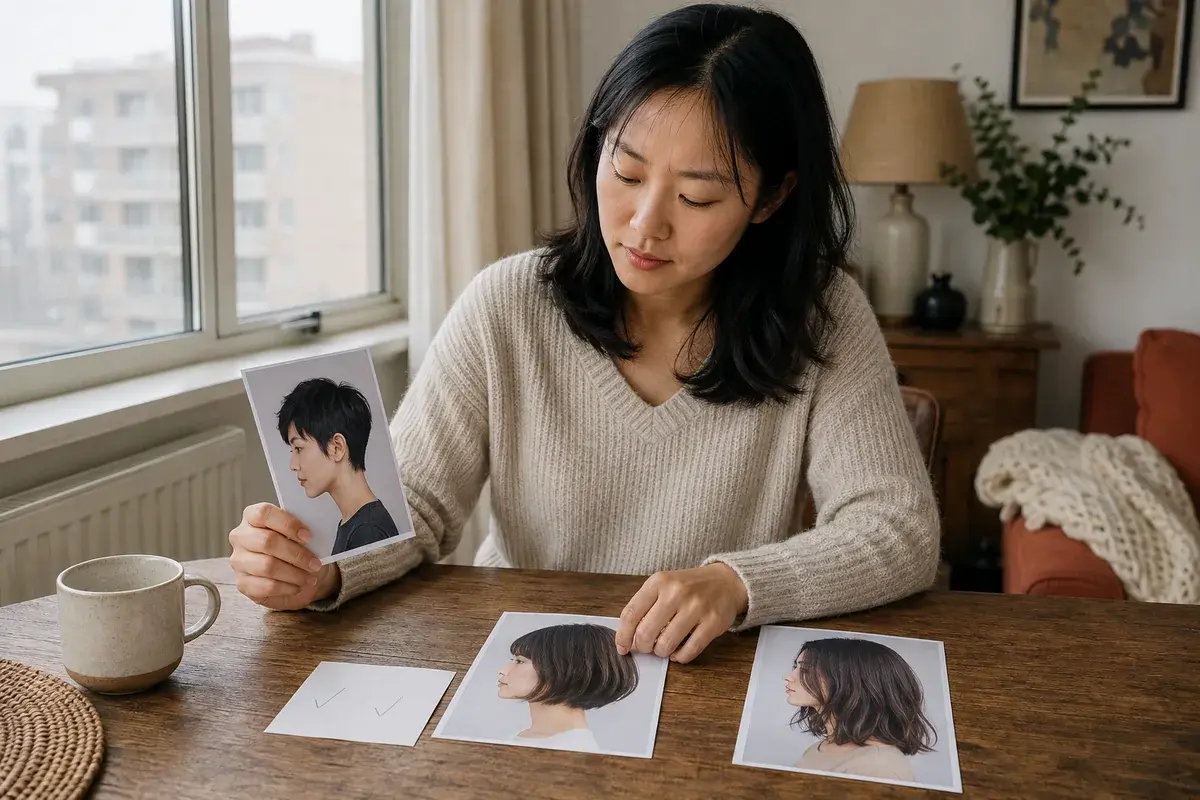 Woman comparing three printed haircut references beside a window at home