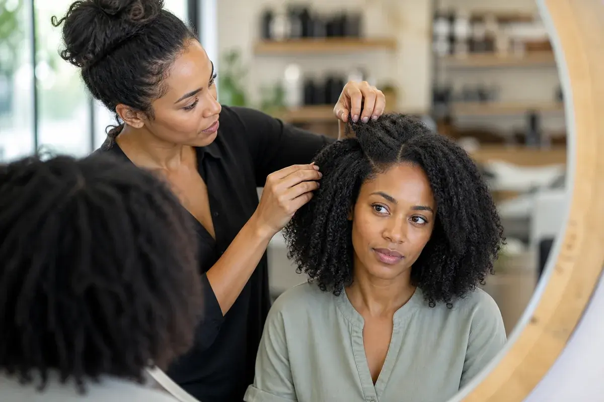 Woman with naturally textured hair having a section examined during a salon consultation