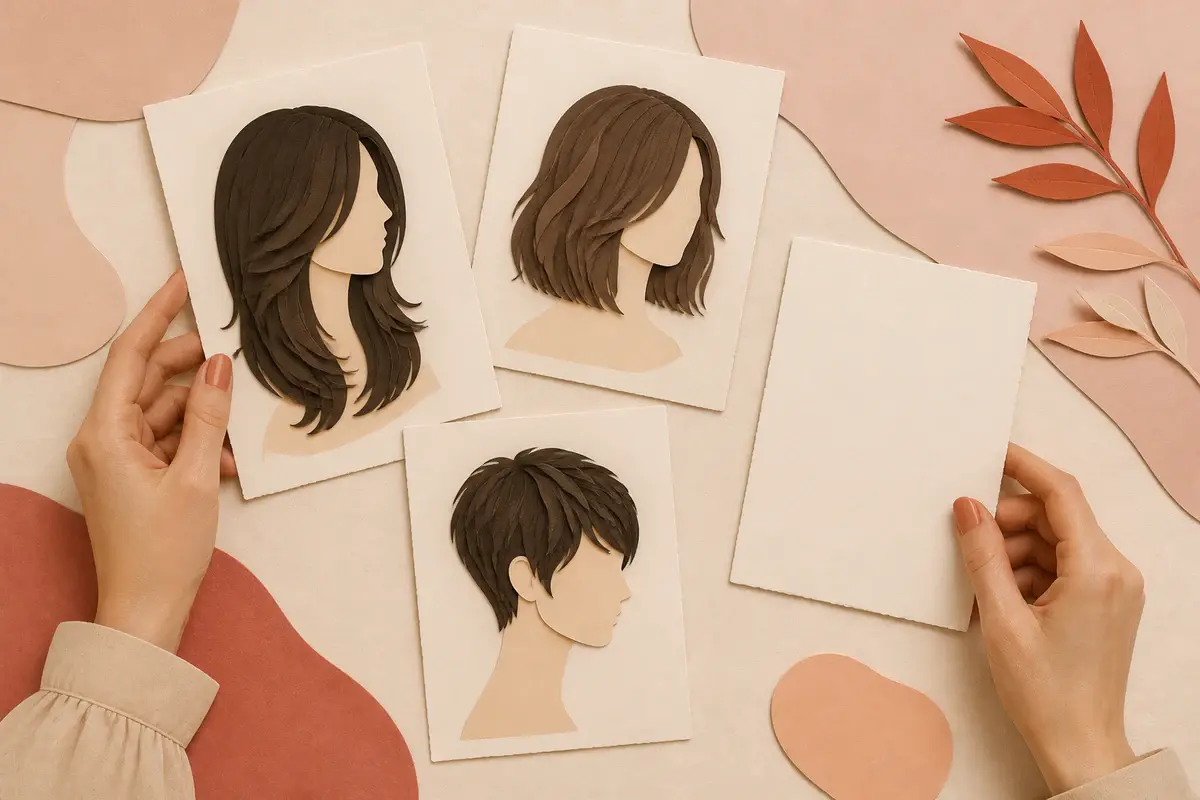 Cut-paper collage of hands arranging three hairstyle reference cards beside a blank salon brief