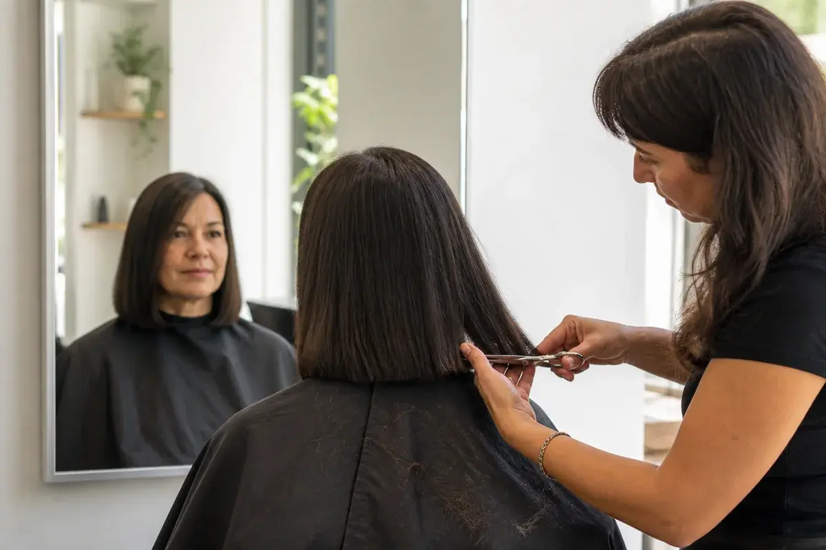 Woman receiving a careful haircut from a hairstylist in a bright salon