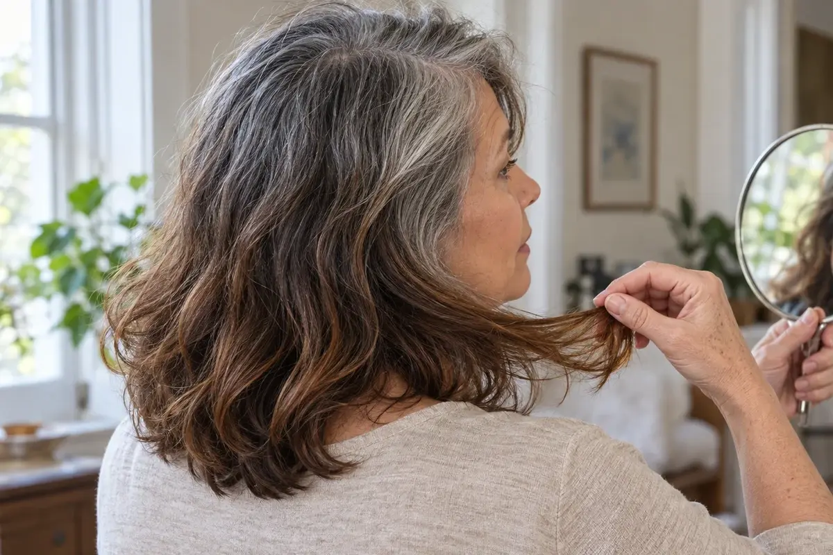 Woman lifting brown hair ends beneath visible gray regrowth while looking toward a handheld mirror