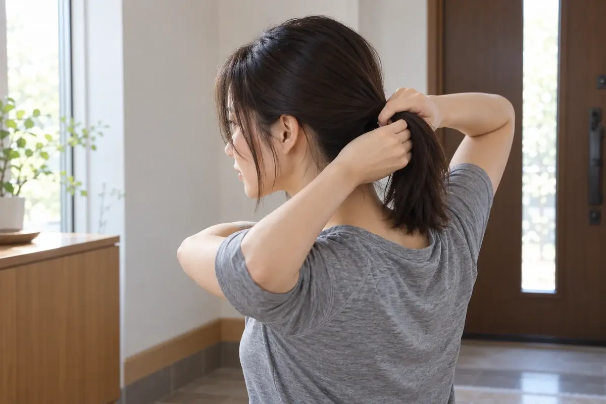 Woman in a gray exercise shirt gathering straight dark hair into a loose low ponytail in a home entryway