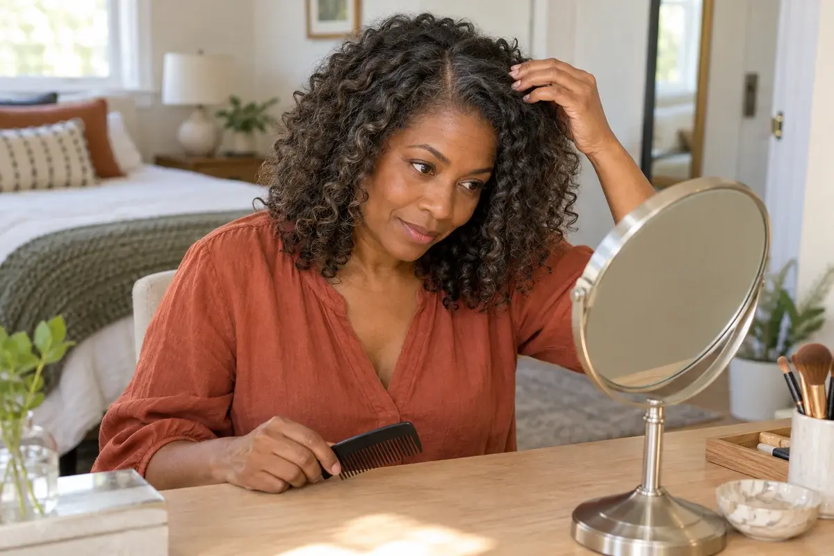 Woman with shoulder-length curls checking her hair part at a dressing-table mirror with a comb in her hand
