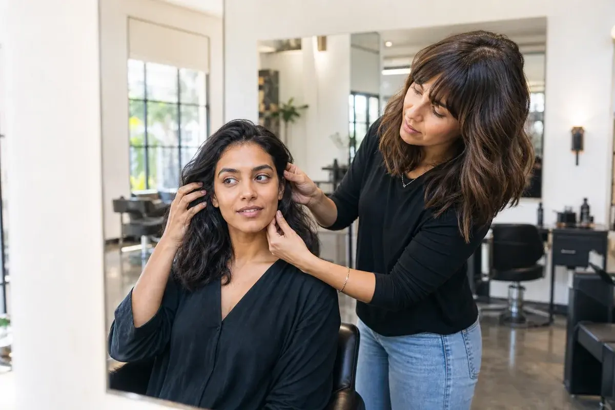 Woman and hairstylist discussing her haircut in front of a salon mirror
