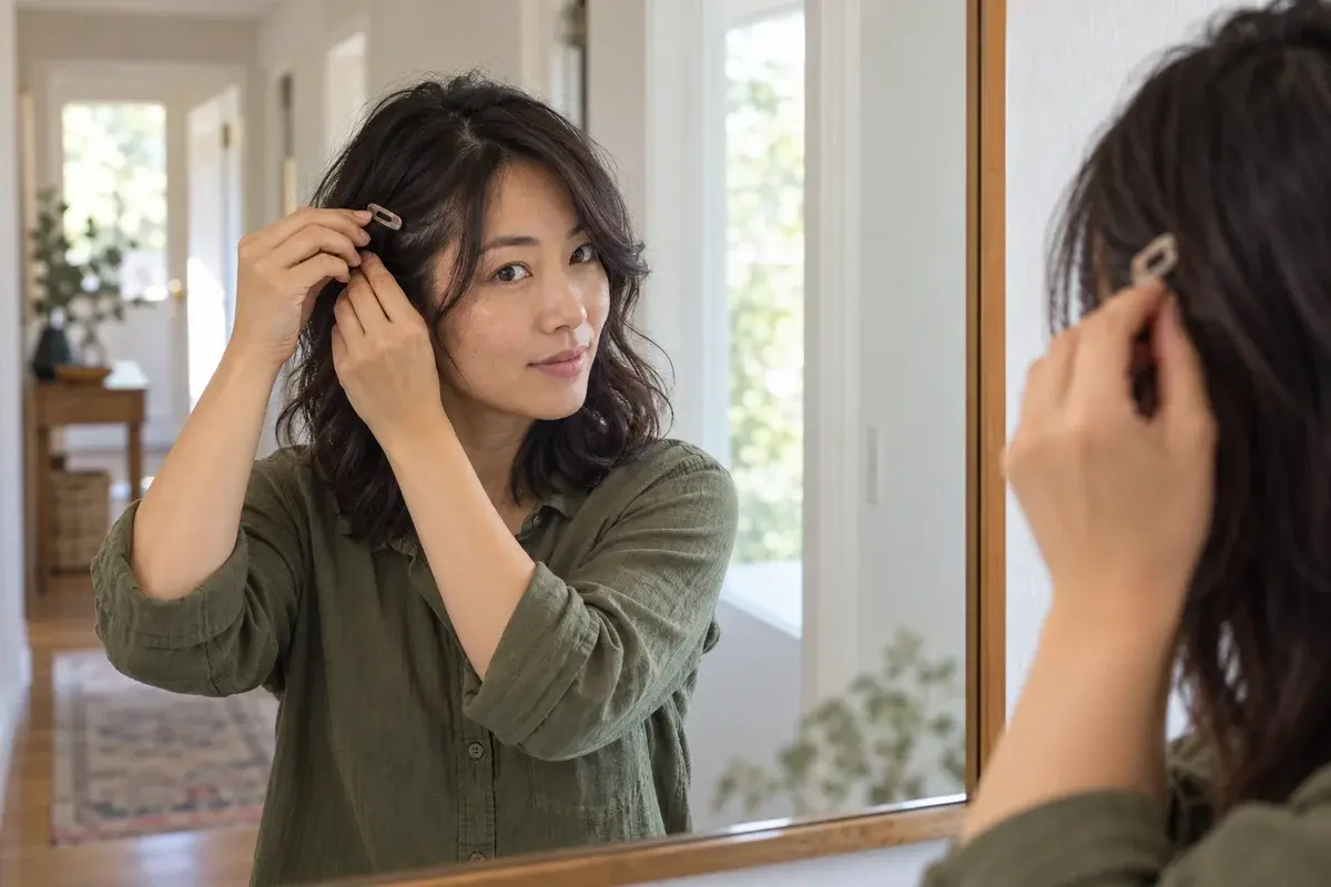 Woman with dark wavy hair securing her long fringe with a small clip beside a mirror