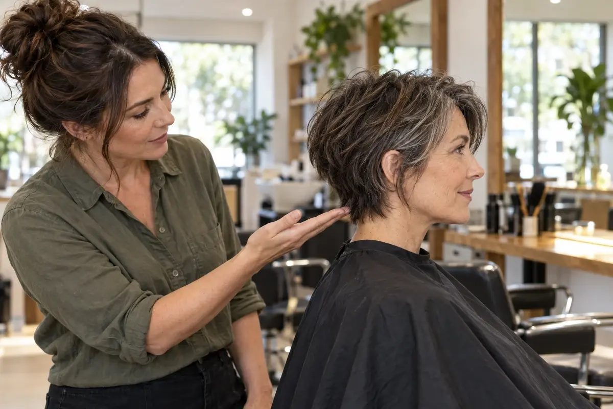 Woman with a brown-and-gray grown-out pixie seated beside a hairstylist discussing the nape in a bright salon