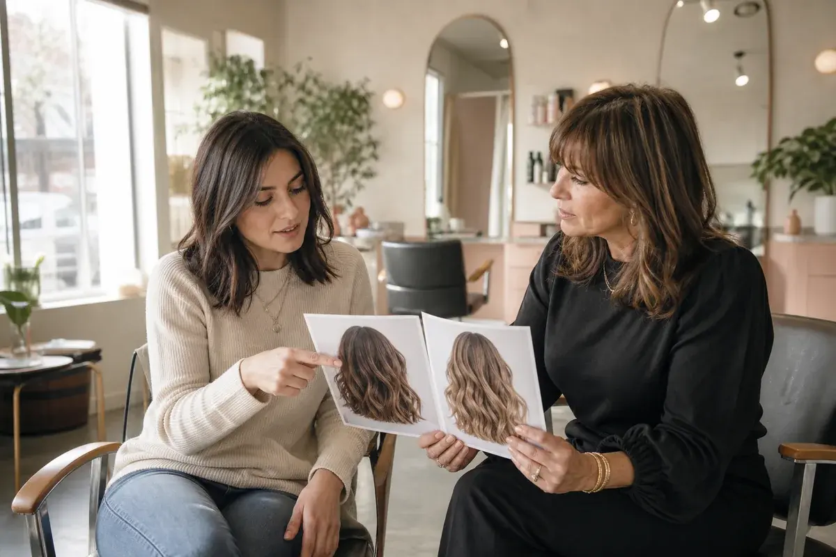 Woman and female hairstylist discussing two printed haircut references during a salon consultation
