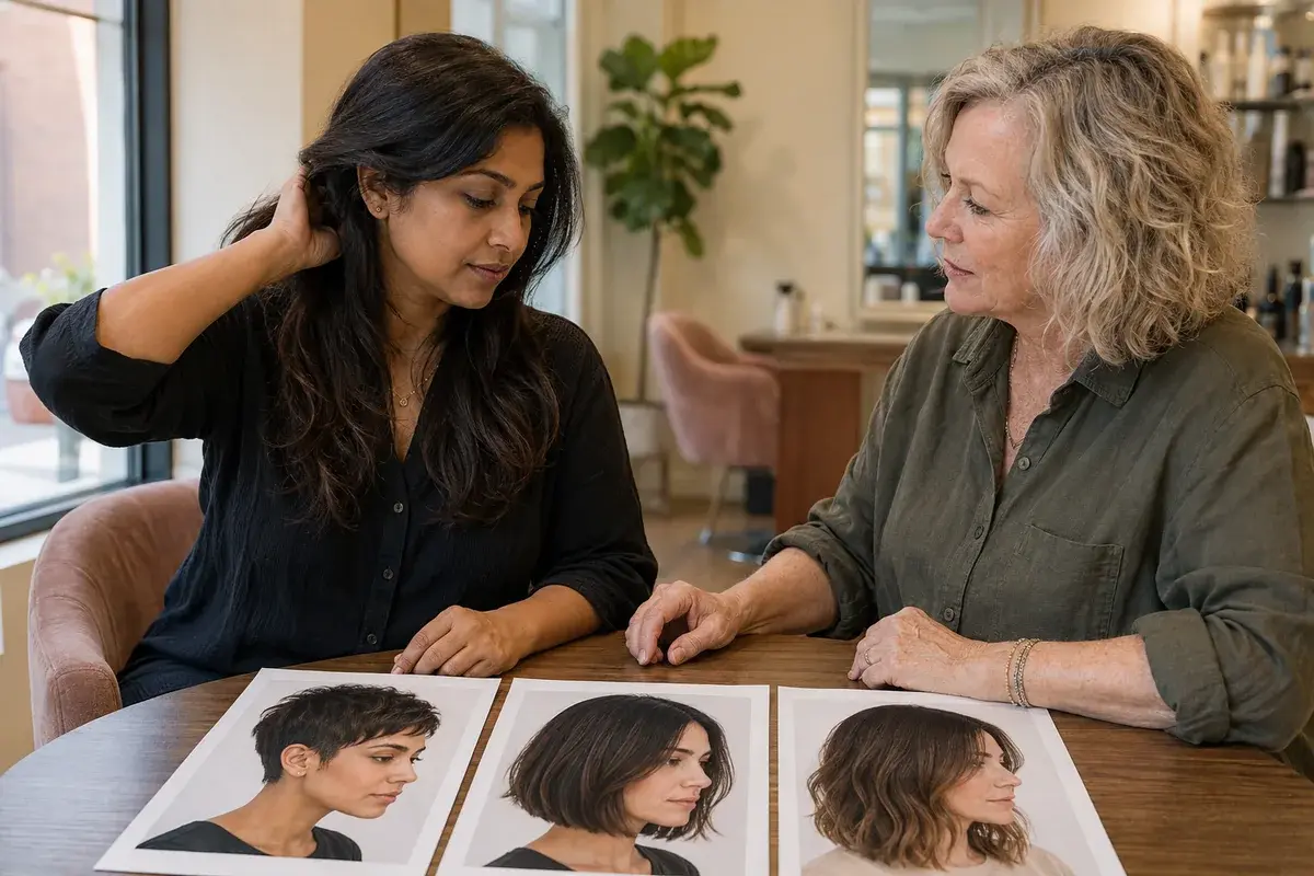 Woman and female hairstylist comparing pixie, bob, and lob reference photos during a salon consultation