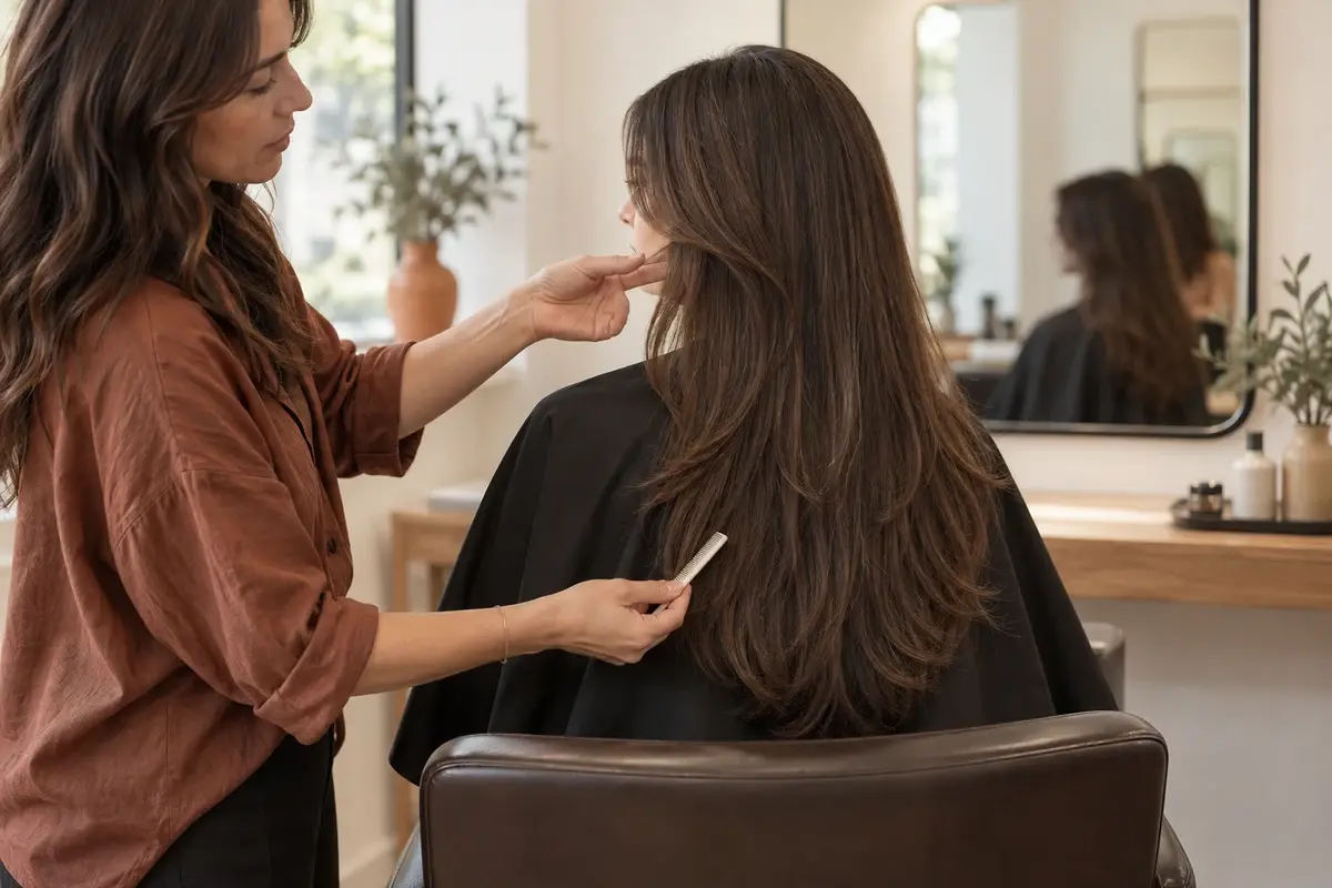 Hairstylist using her hands and a comb to indicate cheek, shoulder, and lower layer zones in a woman’s long brown hair