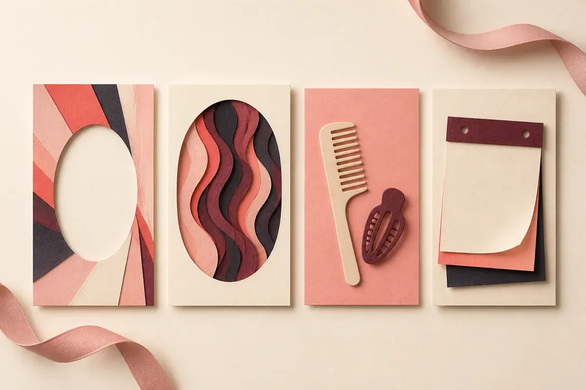 Editorial decision board with abstract cards representing face shape, hair texture, daily routine, and haircut commitment