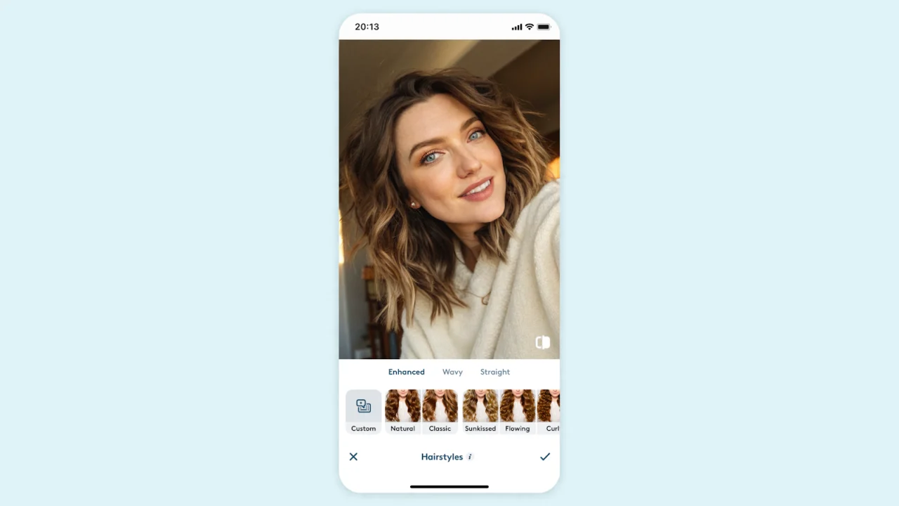 Official Facetune mobile interface with hairstyle categories and a custom option beneath a portrait