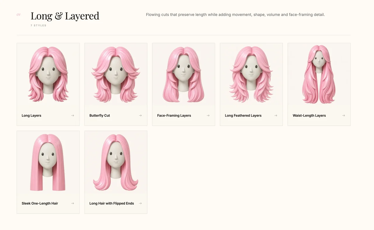 Hair Fairy women’s hairstyle directory showing seven long and layered haircut options