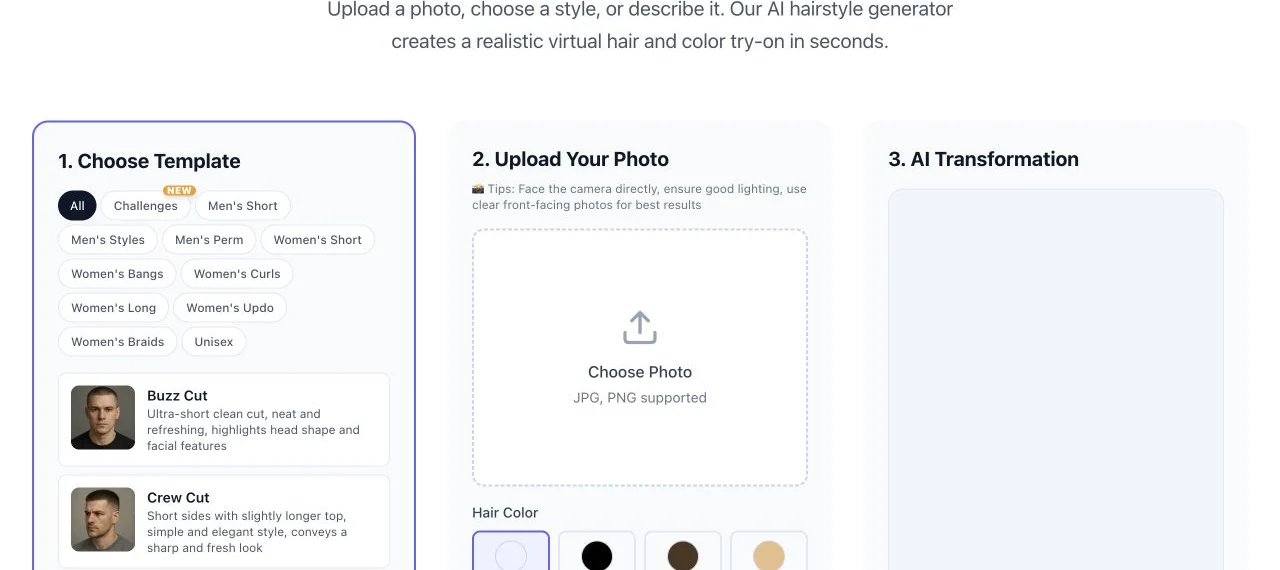 HairTry hairstyle studio with template categories, photo upload, hair color choices, and transformation panel