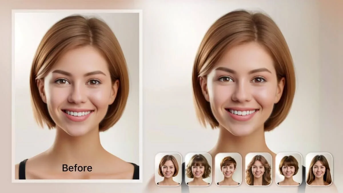 Official YouCam hairstyle feature image showing a portrait and six haircut thumbnails
